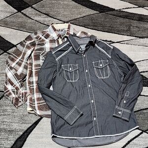 BOY'S BKE ACID-WASH PLAID & DARK GRAY LONG-SHEEVE BUTTON-DOWN SHIRT BUNDLE